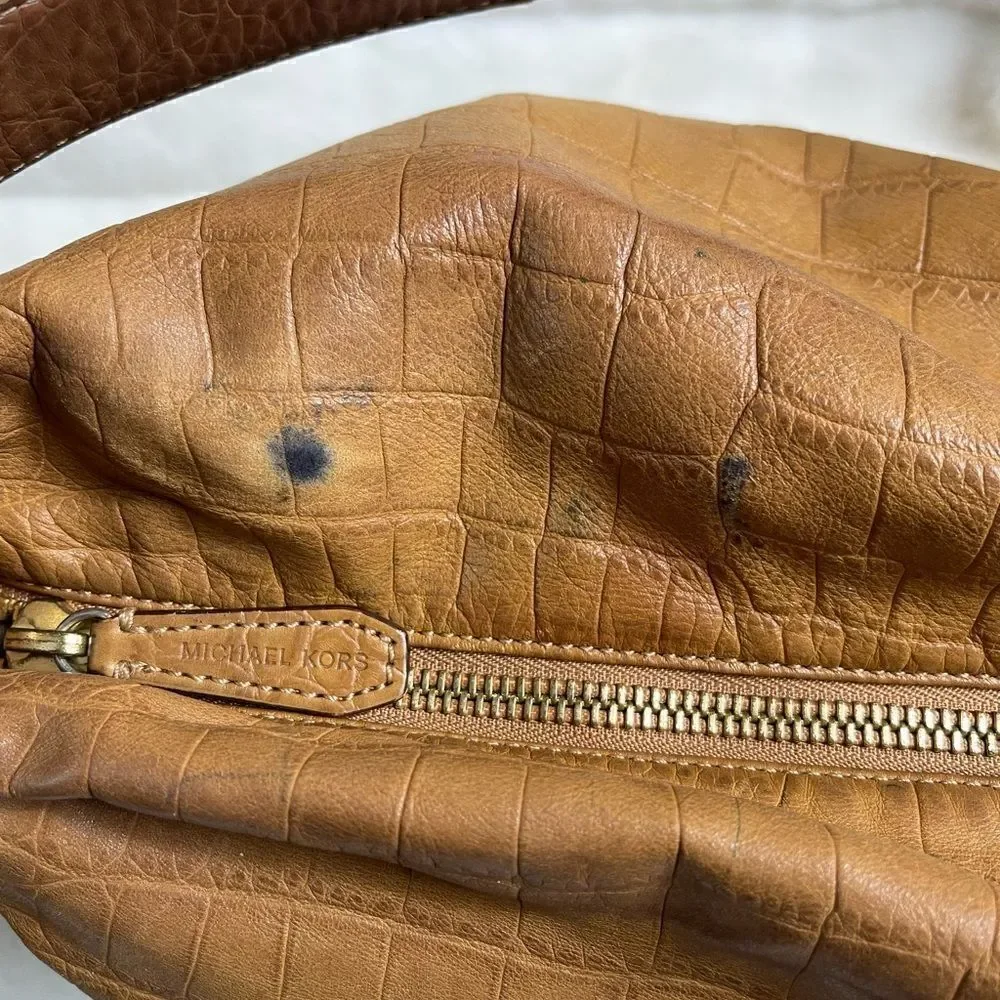 Michael Kors Tan leather crocs embossed shoulder bag with gold tone hard…